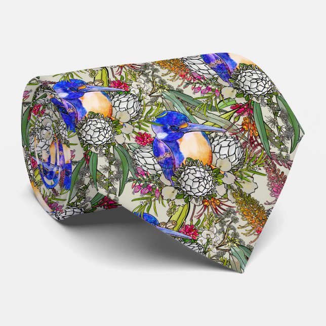 Kingfisher and Native Australian Flowers Neck Tie (Rolled)