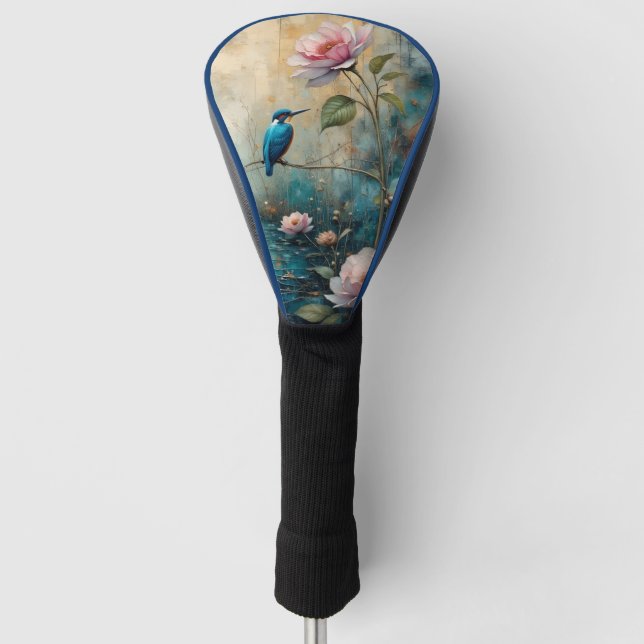 Kingfisher and pink roses golf head cover (Front)