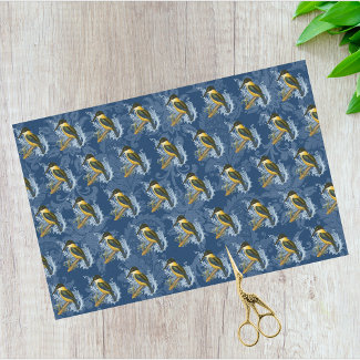 Kingfisher Bird and Vintage Blue Damask Pattern