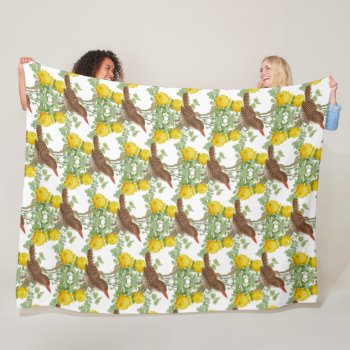 Kingfisher Bird And Yellow Roses White  Fleece Blanket by Susang6 at Zazzle