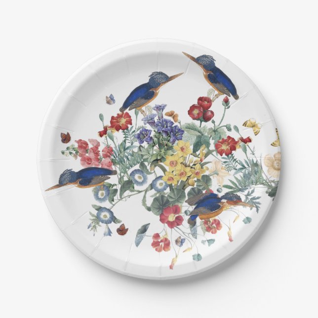 Kingfisher Bird Flower Butterfly Paper Plate (Front)