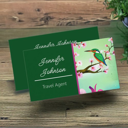 Kingfisher Bird in Sakura Cherry Tree Travel Agent Business Card