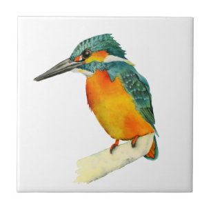 Kingfisher Bird Orange and Green Watercolor Tile