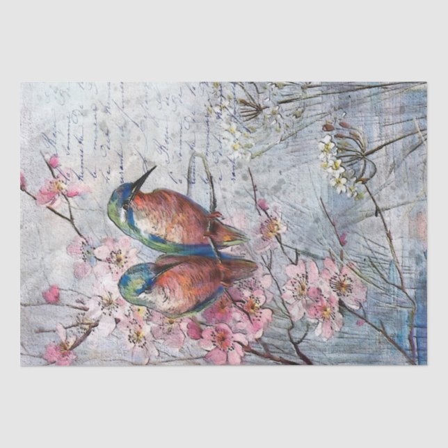 Kingfisher Bird Pink Flower French Decoupage Craft Tissue Paper (Front)