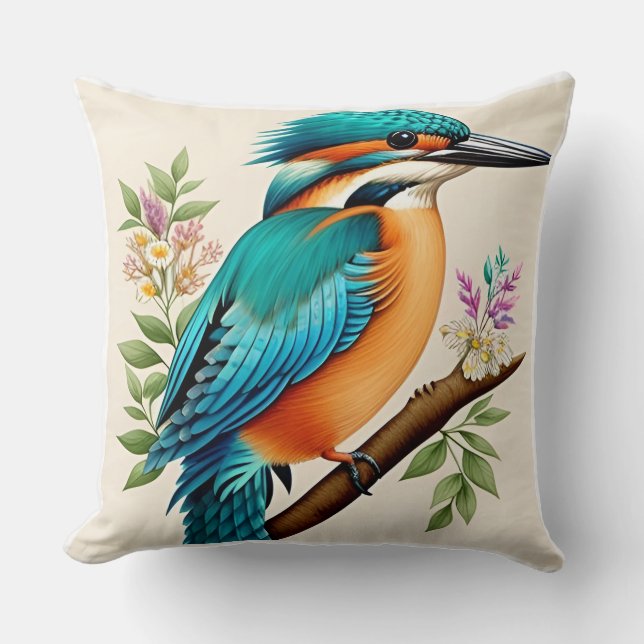 🦜 Kingfisher Bird Throw Pillow Nature Decor 🌿✨ (Front)