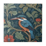 Kingfisher Bird William Morris style Left facing Ceramic Tile<br><div class="desc">"classy classic art nouveau",  "king fisher kingfisher Bird",  "sage green woodland animals",  "william morris ceramic tile",  "leafy dark navy blue",  "stylish red forest tree leaves",  "left facing vintage birds",  "wildlife garden animal on branch",  "nature floral flower botanical",  "leaf flowers traditional antique"</div>