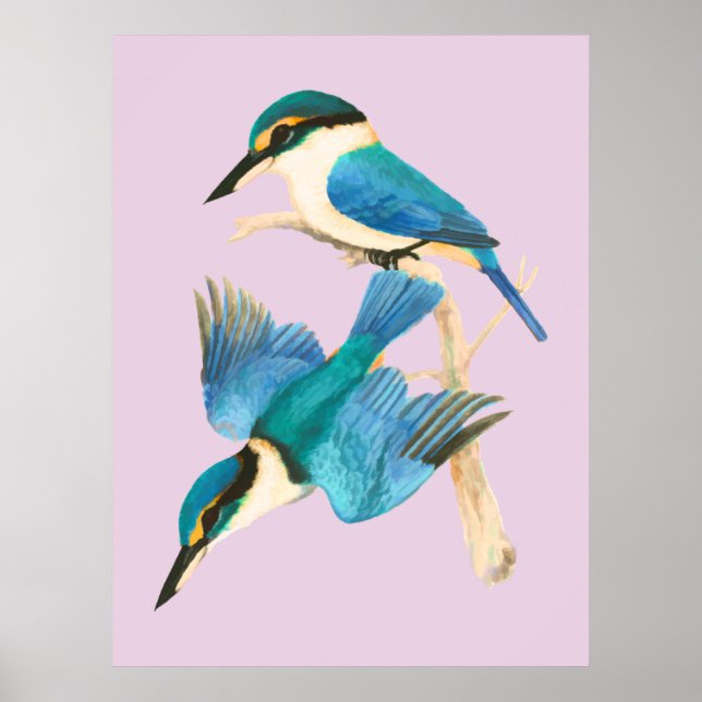 Kingfisher Birds Pink Watercolor  Poster (Front)