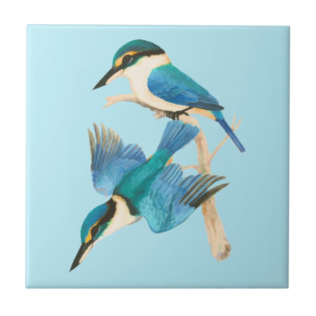 Kingfisher Birds Watercolor Blue Ceramic Tile (Front)
