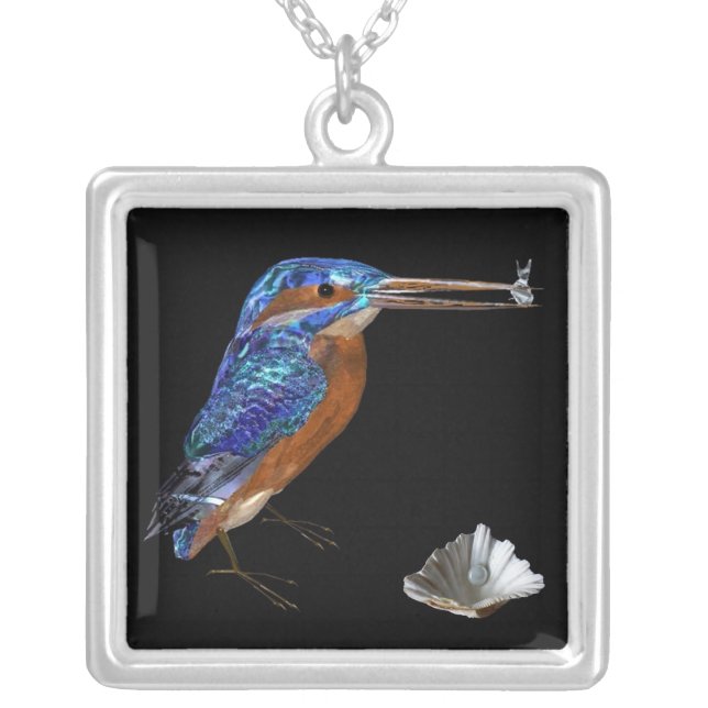 KINGFISHER , Blue, Black Silver Plated Necklace (Front)