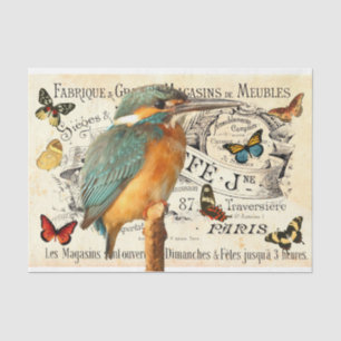 Kingfisher & Butterflies Old French Ad Decoupage 2 Tissue Paper