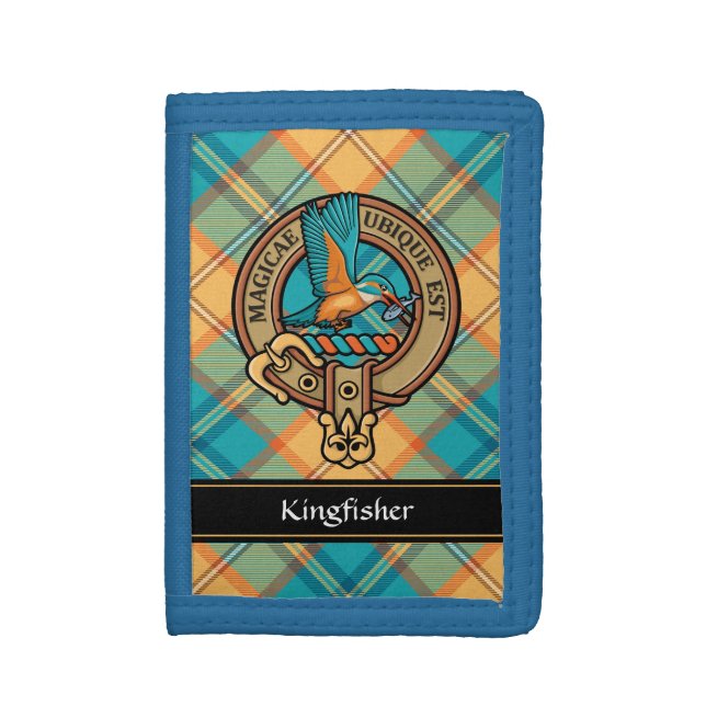 Kingfisher Crest over Tartan Trifold Wallet (Front Vertical)