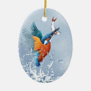 Kingfisher flying out of the water ceramic ornament
