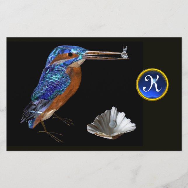 KINGFISHER  MONOGRAM , Blue Sapphire, Black Stationery (Front)