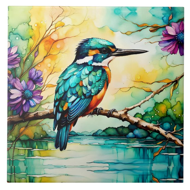 Kingfisher Mountains, Water and Wildflowers Ceramic Tile (Front)
