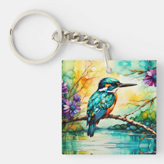 Kingfisher over Water and Wildflowers Keychain
