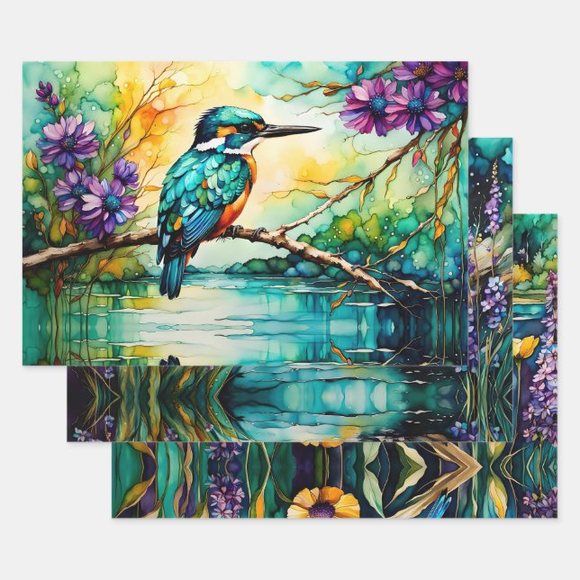 Kingfisher over Water and Wildflowers Wrapping Paper Sheets (Set)
