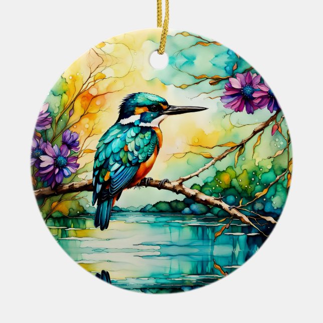 Kingfisher perched over water Wildflowers  Ceramic Ornament (Front)