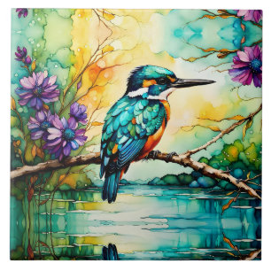 Kingfisher perched over water Wildflowers Ceramic Tile