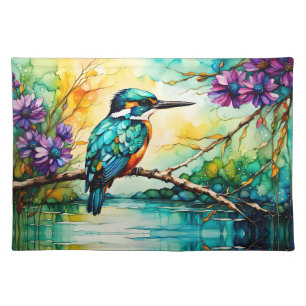 Kingfisher perched over water Wildflowers Cloth Placemat