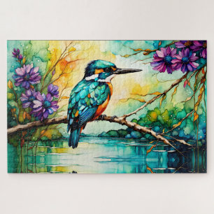 Kingfisher perched over water Wildflowers Jigsaw Puzzle