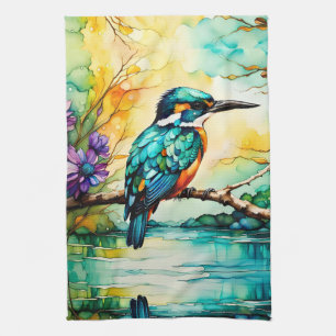 Kingfisher perched over water Wildflowers Kitchen Towel