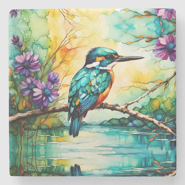 Kingfisher perched over water Wildflowers  Stone Coaster (Front)