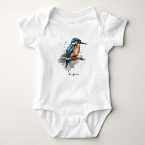 Kingfisher sitting on a branch in water color baby bodysuit