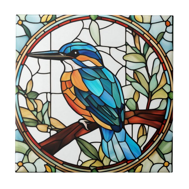 Kingfisher Stained Glass Orange Blue Bird  Ceramic Tile (Front)