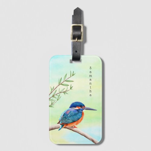 Kingfisher Watercolor Blue Orange Bird Luggage Tag