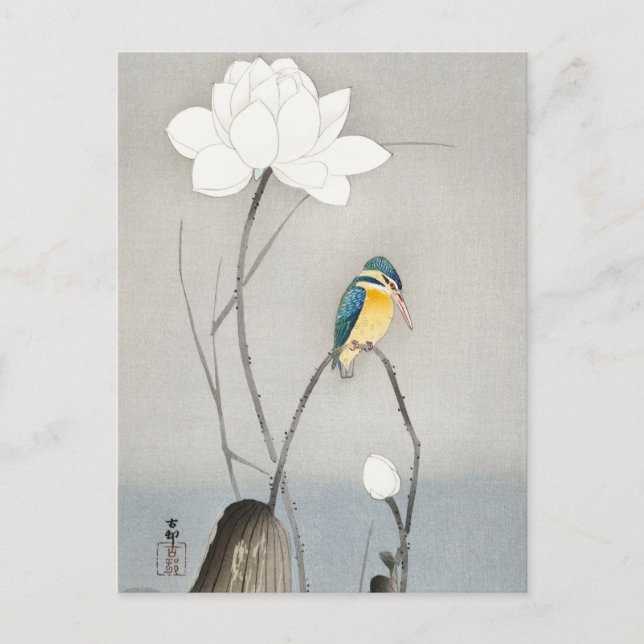 Kingfisher with Lotus Flower by Ohara Koson Postcard (Front)