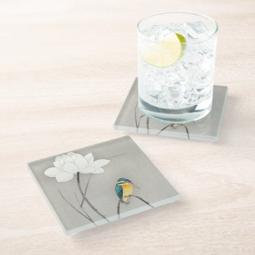 Kingfisher with Lotus Flower _ Ohara Koson _  Glass Coaster