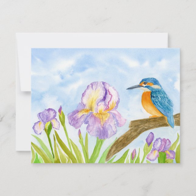 Kingfisher with Purple Irises Personalized Note Card (Front)