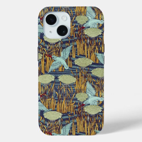 KINGFISHERS AND FLOWERING RUSH Art Nouveau Floral iPhone 15 Case