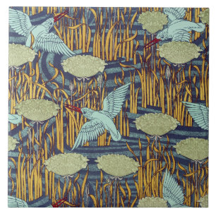 KINGFISHERS AND FLOWERING RUSH Art Nouveau Floral Ceramic Tile
