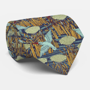 KINGFISHERS AND FLOWERING RUSH Art Nouveau Floral Neck Tie