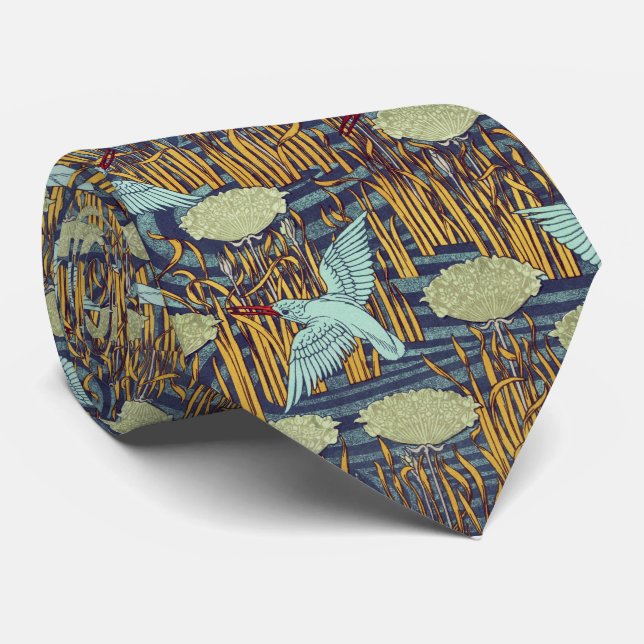 KINGFISHERS AND FLOWERING RUSH Art Nouveau Floral Neck Tie (Rolled)