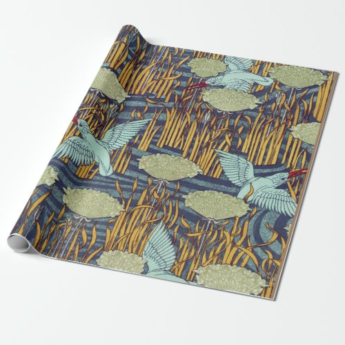KINGFISHERS AND FLOWERING RUSH Art Nouveau Floral Wrapping Paper