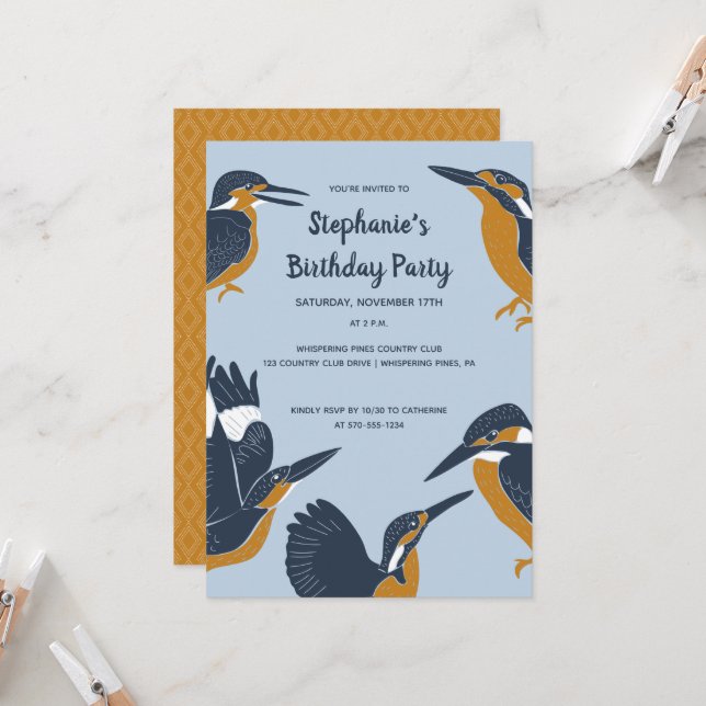 Kingfishers Illustrations Bird Lovers Party Invitation (Front/Back In Situ)