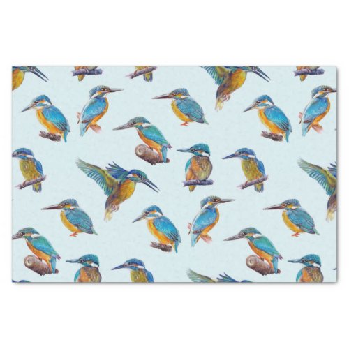 Kingfishers painted on a pale blue background tissue paper