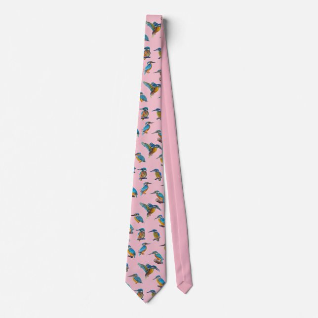 Kingfishers painted on a pale pink background neck tie (Front)