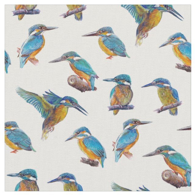 Kingfishers painted on a white background fabric (Close Up)