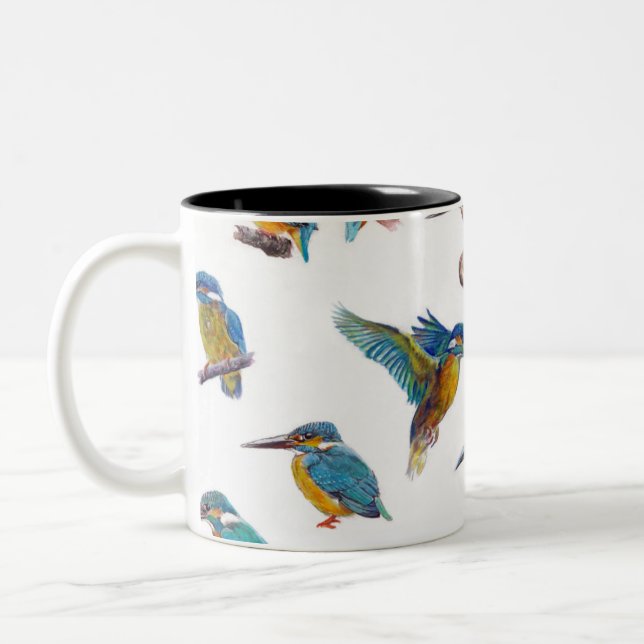 Kingfishers painted on a white background Two-Tone coffee mug (Left)