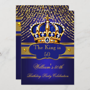 Kingl Blue Gold Ornate crown men’s Birthday Party Invitation