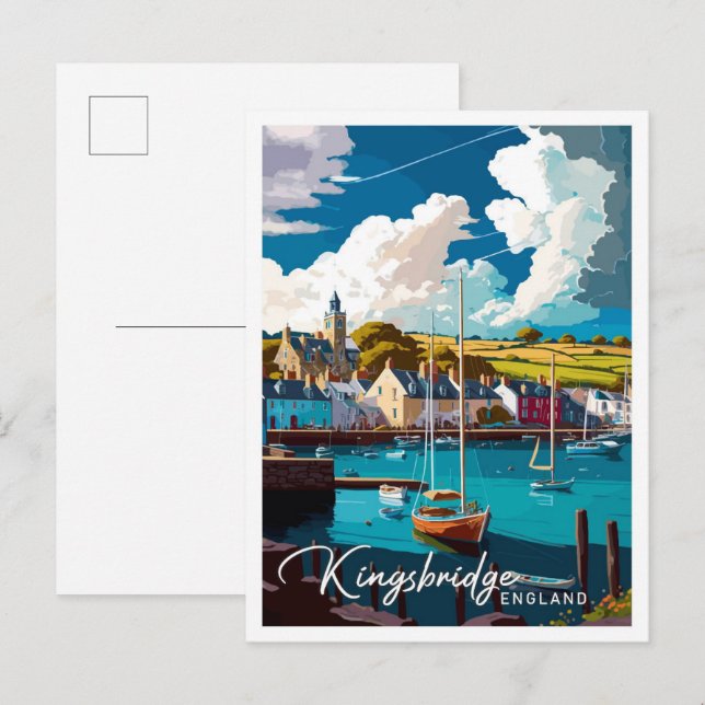 Kingsbridge England Vintage Travel Illustration Postcard (Front/Back)