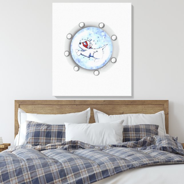 KiniArt Diving Westie Terrier Porthole Canvas Print (Insitu(Bedroom))