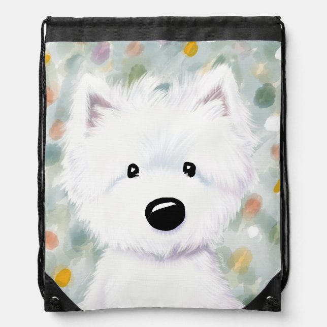 KiniArt Fluffy Westie Impressions Drawstring Bag (Front)