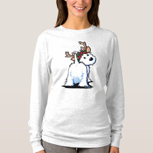 KiniArt Fluffybutt Westie Reindeer T-Shirt (Front)