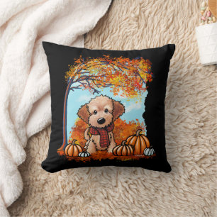 KiniArt Goldendoodle Puppy Autumn Throw Pillow
