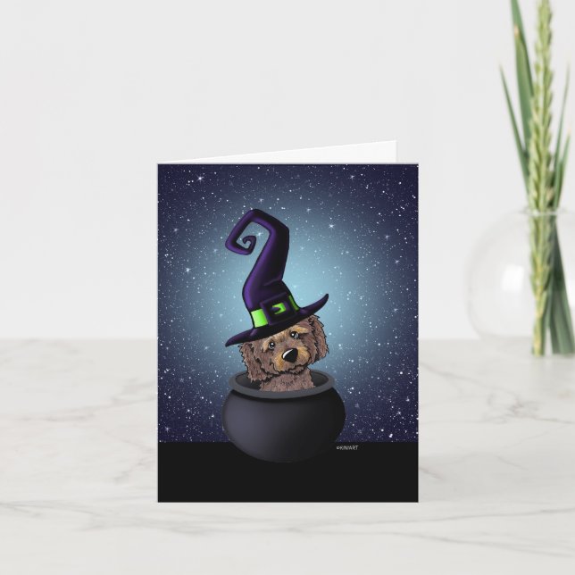 KiniArt Goldendoodle Witch Halloween Card (Front)
