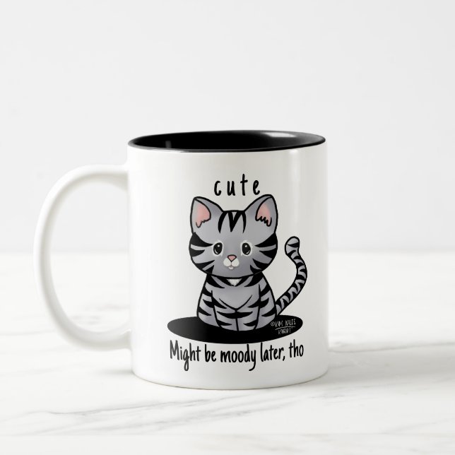 KiniArt Grey Tabby Kitten  Two-Tone Coffee Mug (Left)
